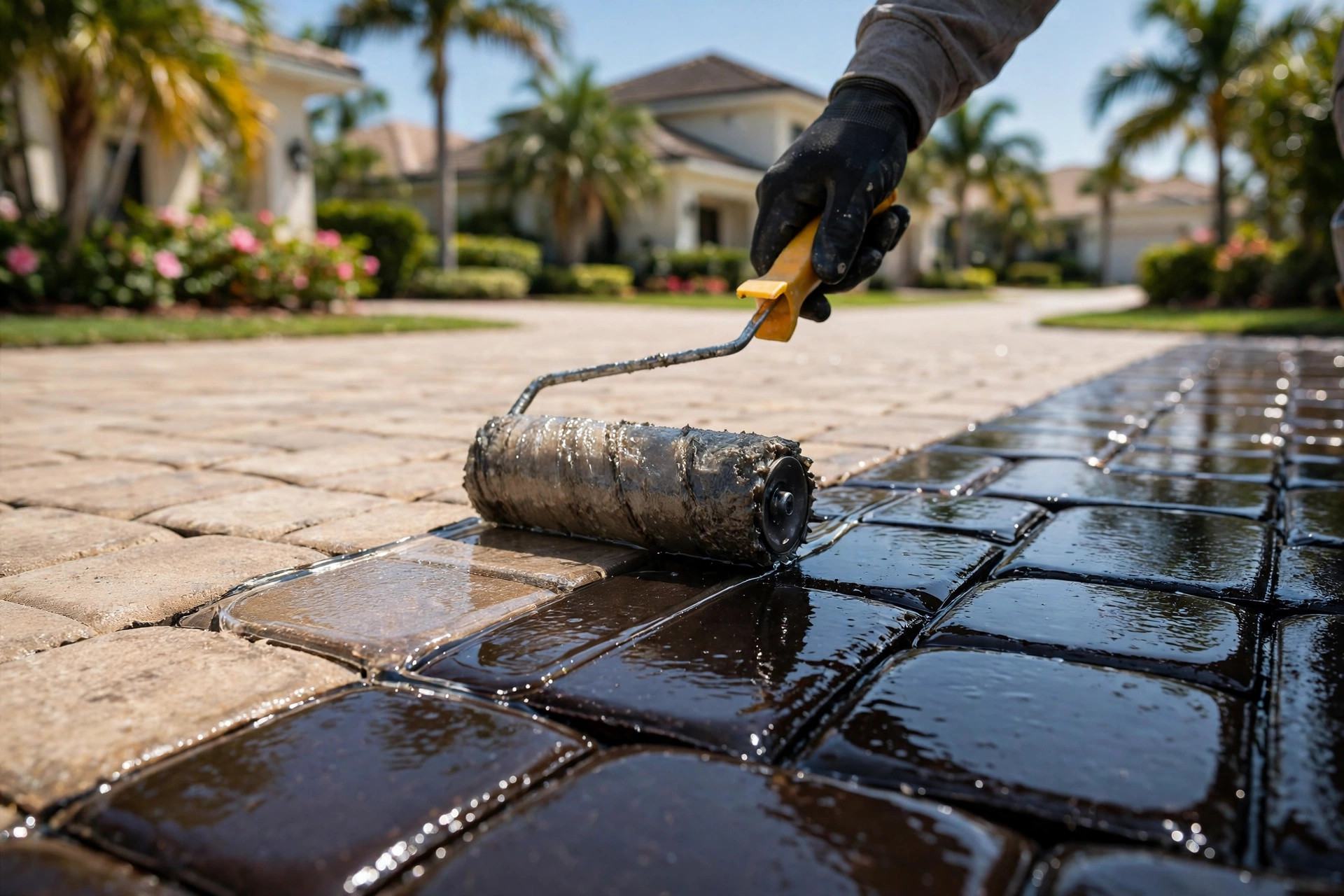 Paver surface, sealed and glossy on one half and faded on the other